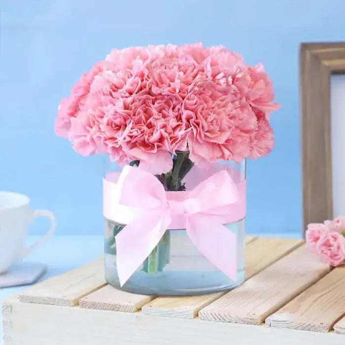 Serene Splendor, Carnation Arrangement, Timeless Elegance, Pink Carnations, Grosgrain Ribbon, Round Glass Vase