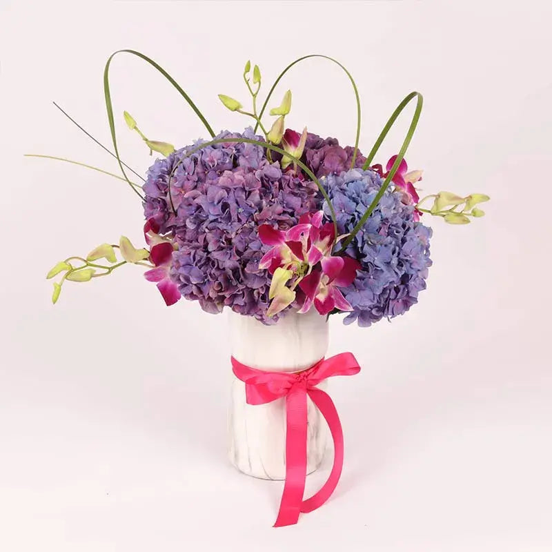 Shades of Purple, Premium Display, Ceramic Glass Vase, Purple Hydrangeas, Orchids, Flexi Grass