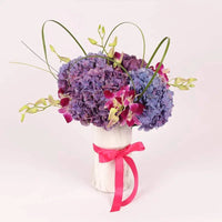 Shades of Purple, Premium Display, Ceramic Glass Vase, Purple Hydrangeas, Orchids, Flexi Grass
