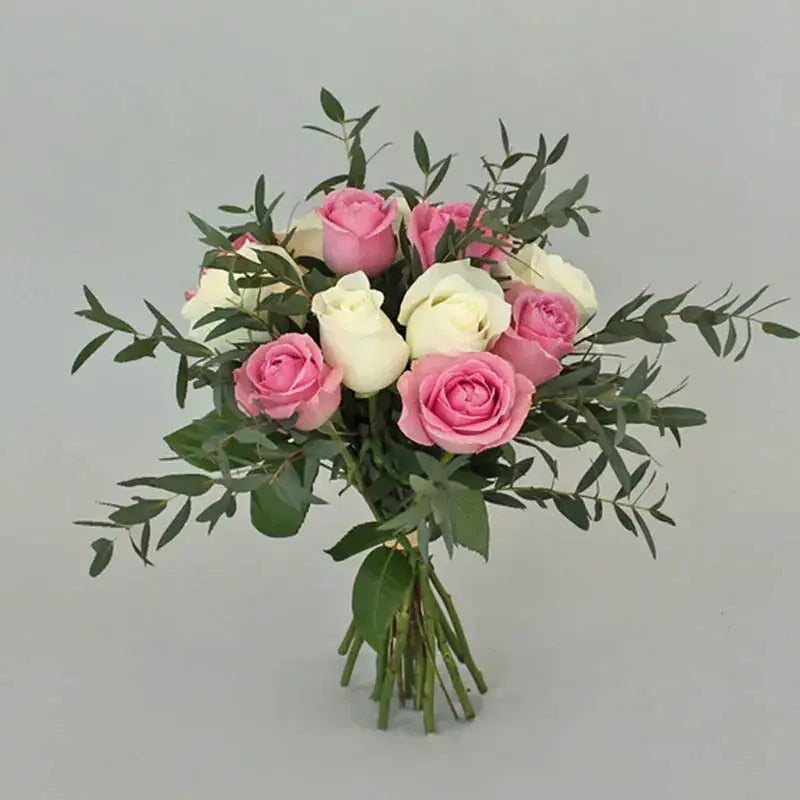 Soothing White Roses, Pink Roses, Elegant Floral Bliss, Hand-Tied Bouquet,eucalyptus leaves