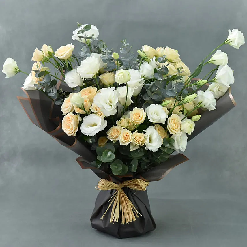 Buy Peach Spray Roses Online, Peach Spray Roses, White Lisianthus, Eucalyptus, Beautifully Wrapped