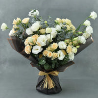 Buy Peach Spray Roses Online, Peach Spray Roses, White Lisianthus, Eucalyptus, Beautifully Wrapped