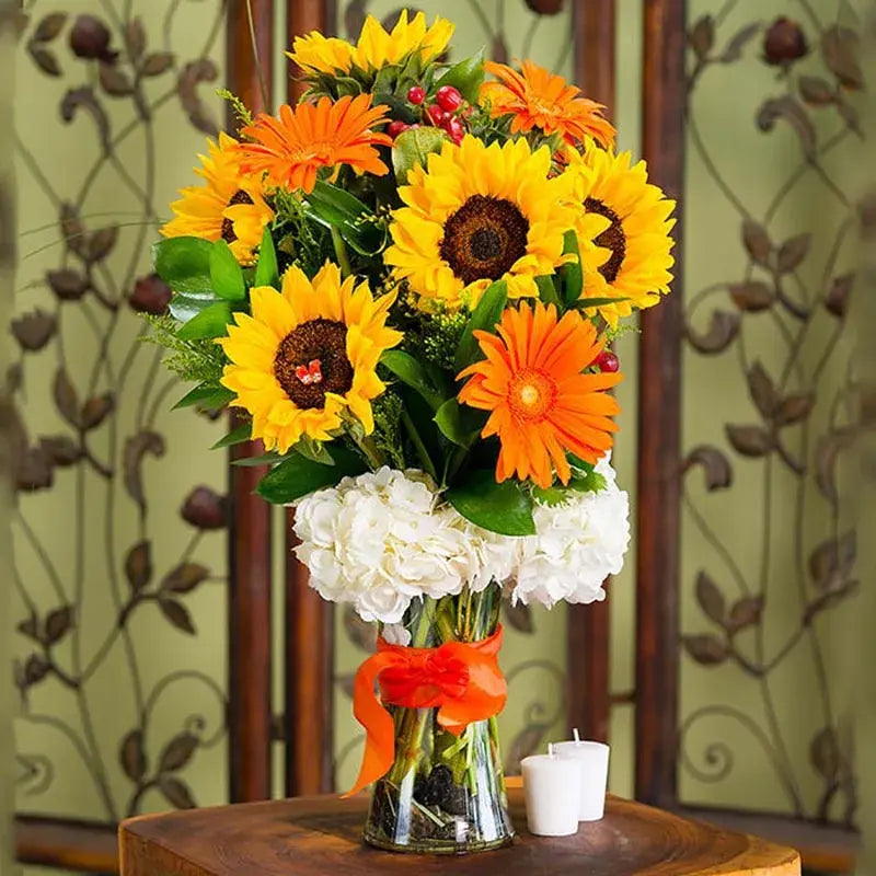 Sun Rays, Radiant Floral Arrangement, Vase, White Hydrangea, Sunflowers, Orange Gerberas, Red Hypericum, Single Ruscus, Solidaster, Glass Vase, Ribbon Bow