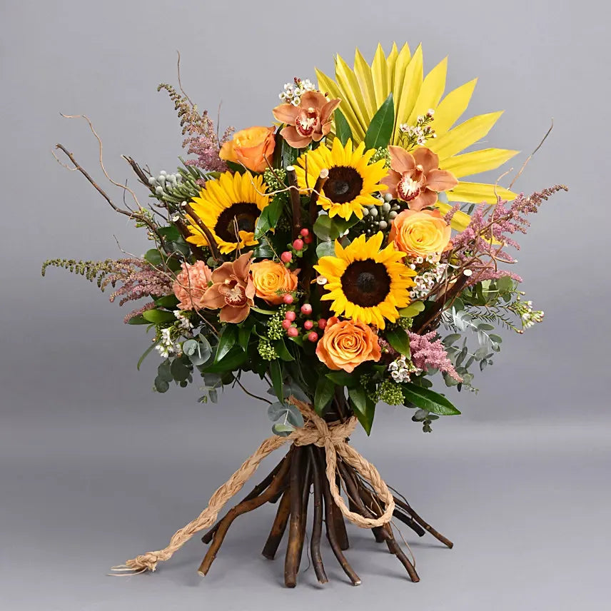Sunflowers Shine, Sunflower, Cymbidium, Rose, Carnation, Hand-Tied Bouquet