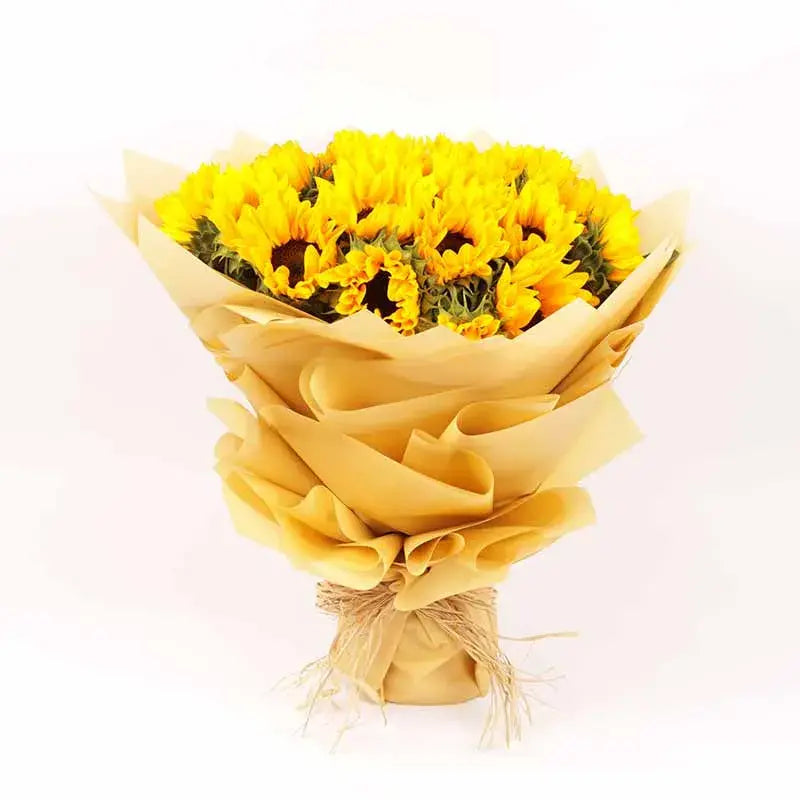Sunny Elegance Bouquet, 15 Sunflowers, Beige Wrapping, Natural Raffia Tie