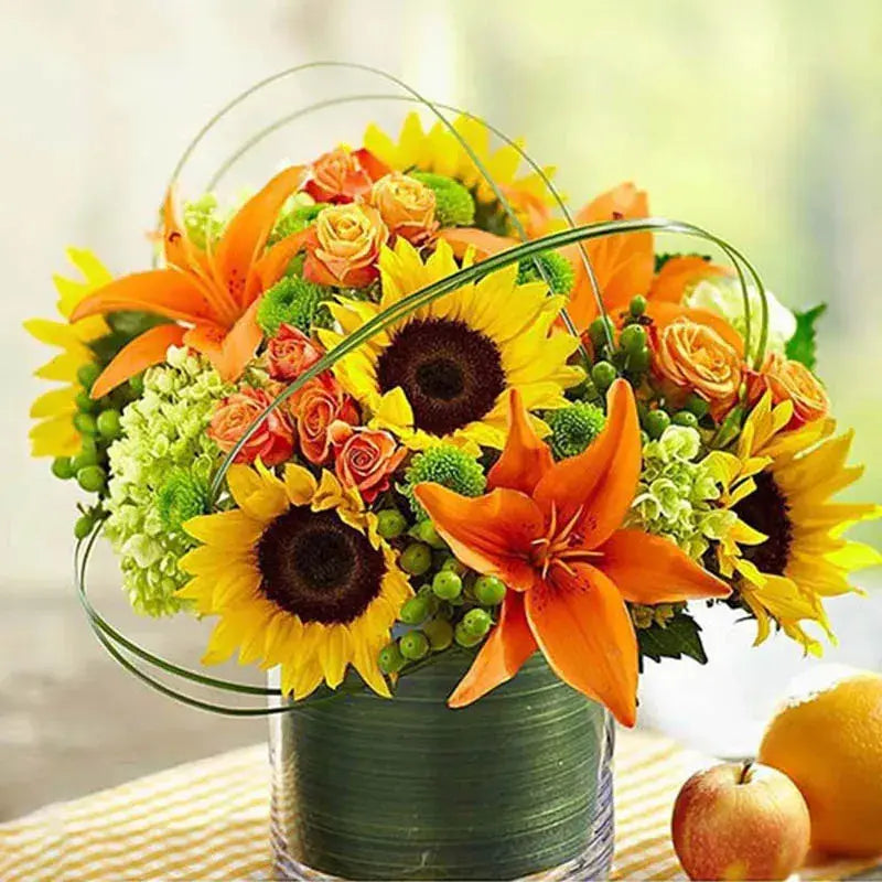 Sunny Sunrise, Blooming Arrangement, Glass Vase, Sunflowers, Orange Lilies, Spray Roses, Hypericum