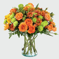 Sunset Floral Paradise, Blooms in Glass Vase, Orange Spray Roses, Chrysanthemums, Green Button Chrysanthemums, Leather Fern, Solidaster