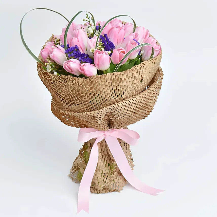 Thirty Pink Tulips, Abundant Beauty, Light Pink Tulip Flowers, White Wax, Purple Statice