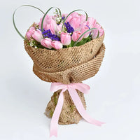 Thirty Pink Tulips, Abundant Beauty, Light Pink Tulip Flowers, White Wax, Purple Statice
