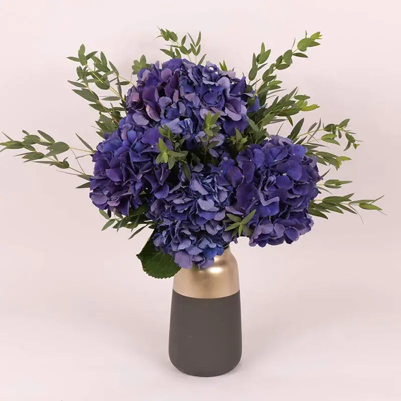 Twilight Hydrangea Premium Arrangement, Ceramic Glass Vase, Dark Blue Hydrangeas, Parvifolia Leaves