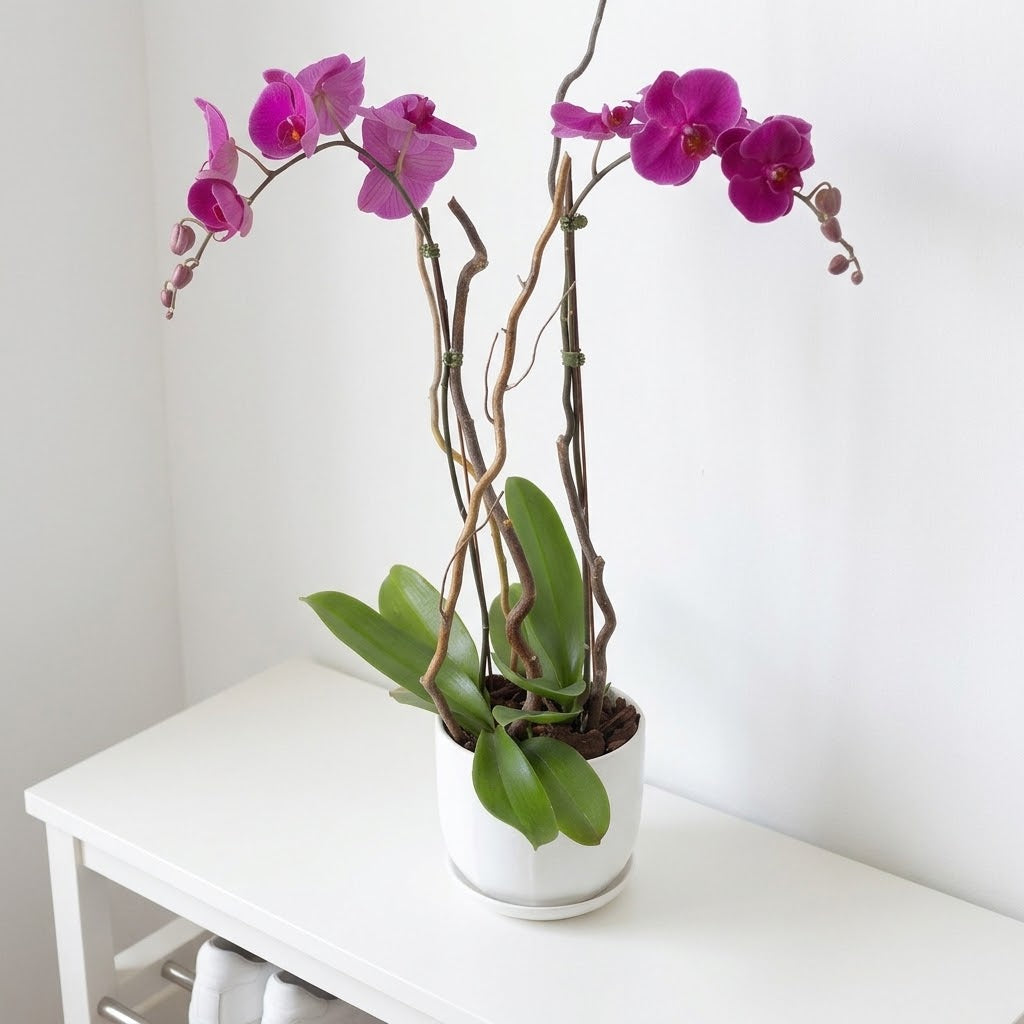 Double Stem Orchid in White Pot