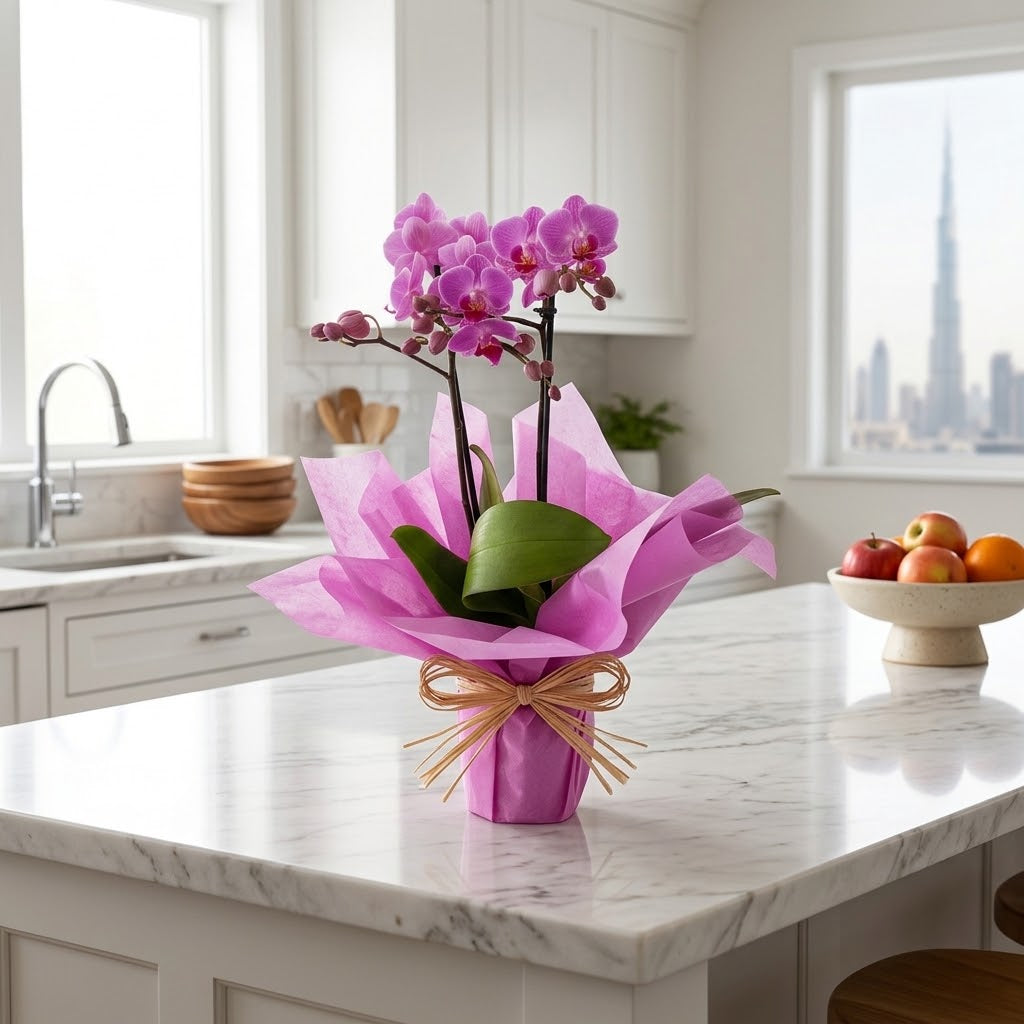 2 Stem Mini Orchid Plant in Pink Wrapping