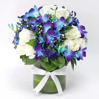 Wishes to Gentleman, White Roses, Blue Orchids, Cylinder Glass Vase, Floral Arrangement
