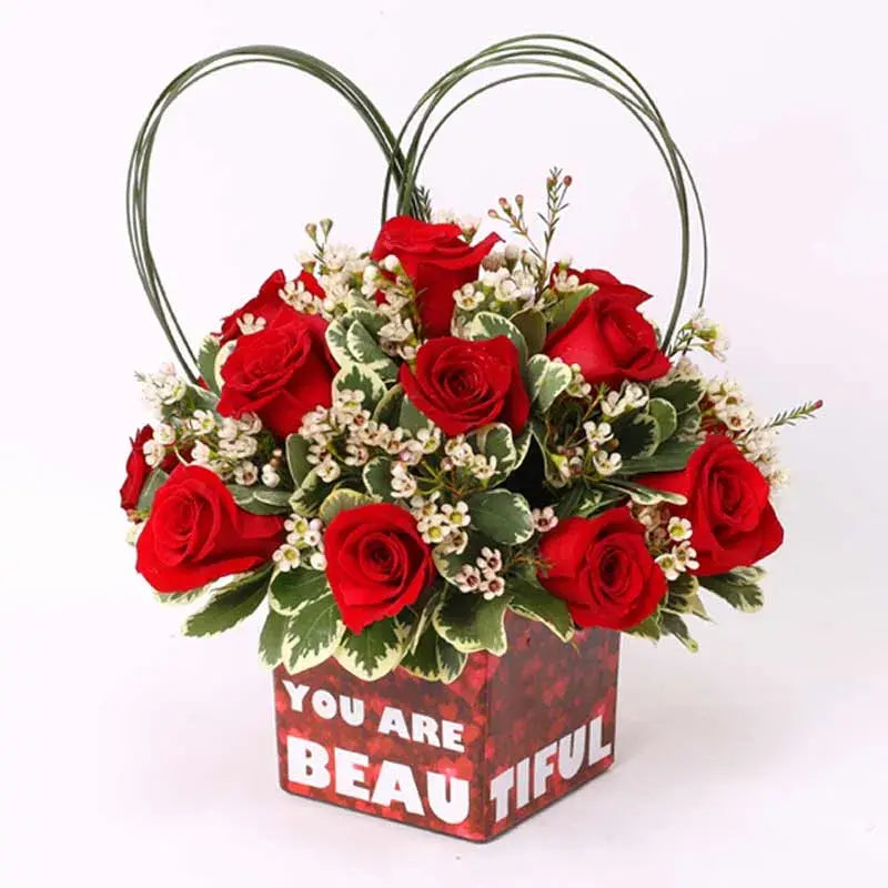 You Are Beautiful, Red Roses, Flower Vase, White Wax Flowers, Steel Grass, Pittosporum Illan Green Leaves, Glass Vase