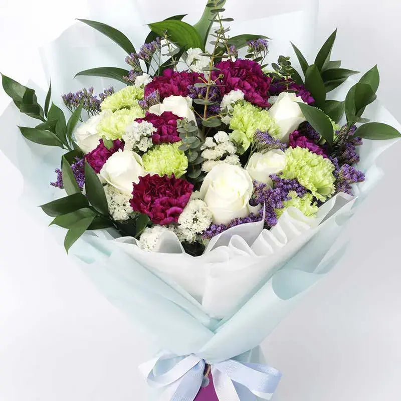 Youthful Blooms Bouquet, White Roses, Green Carnations, Purple Carnations, White Statice